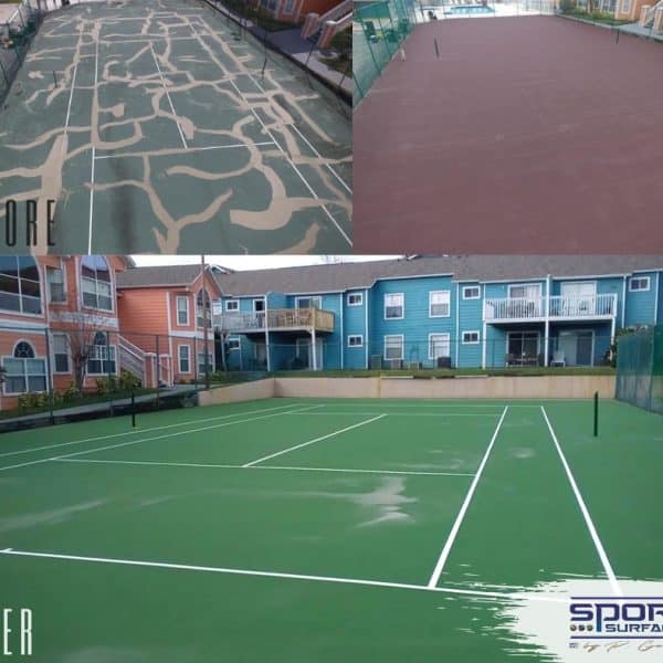 Repair and resurfacing of traditional green style tennis court